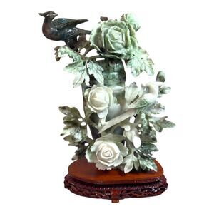 Antique Chinoiserie Carved Jade Bird & Peonies Flower Statue Vintage Wooden Base